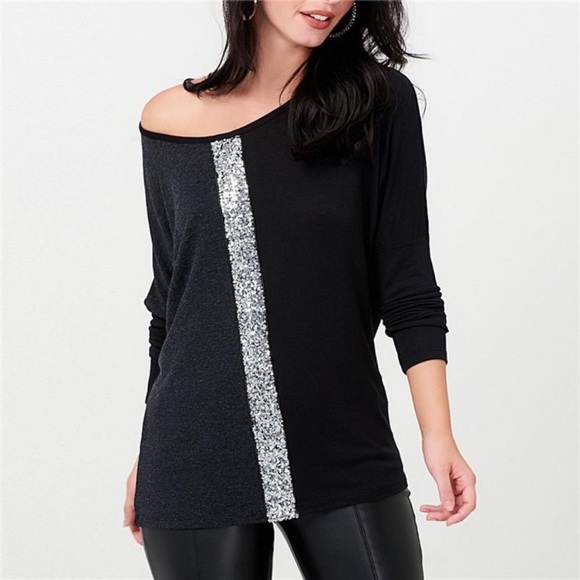 Off Shoulder Sequin Design Long Sleeve Color Block Blouse - Picture 3 of 8